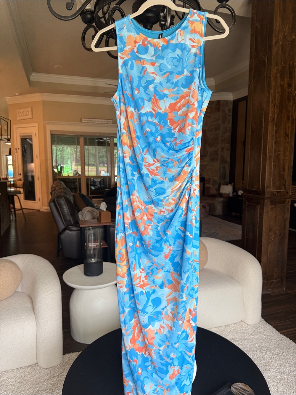 Sleeveless Blue & Orange Floral Maxi Dress Bodycon
